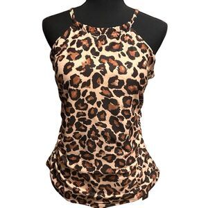 Tempt Me Leopard Print Tankini Swim Top ONLY Size L High Neck Ruched Tummy Contr